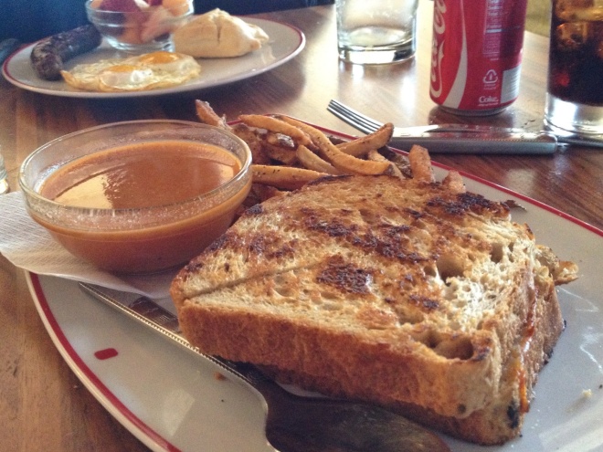 Aaron's grilled cheese and roasted tomato soup. The fancy grilled cheese had gruyere, white cheddar, and muenster.
